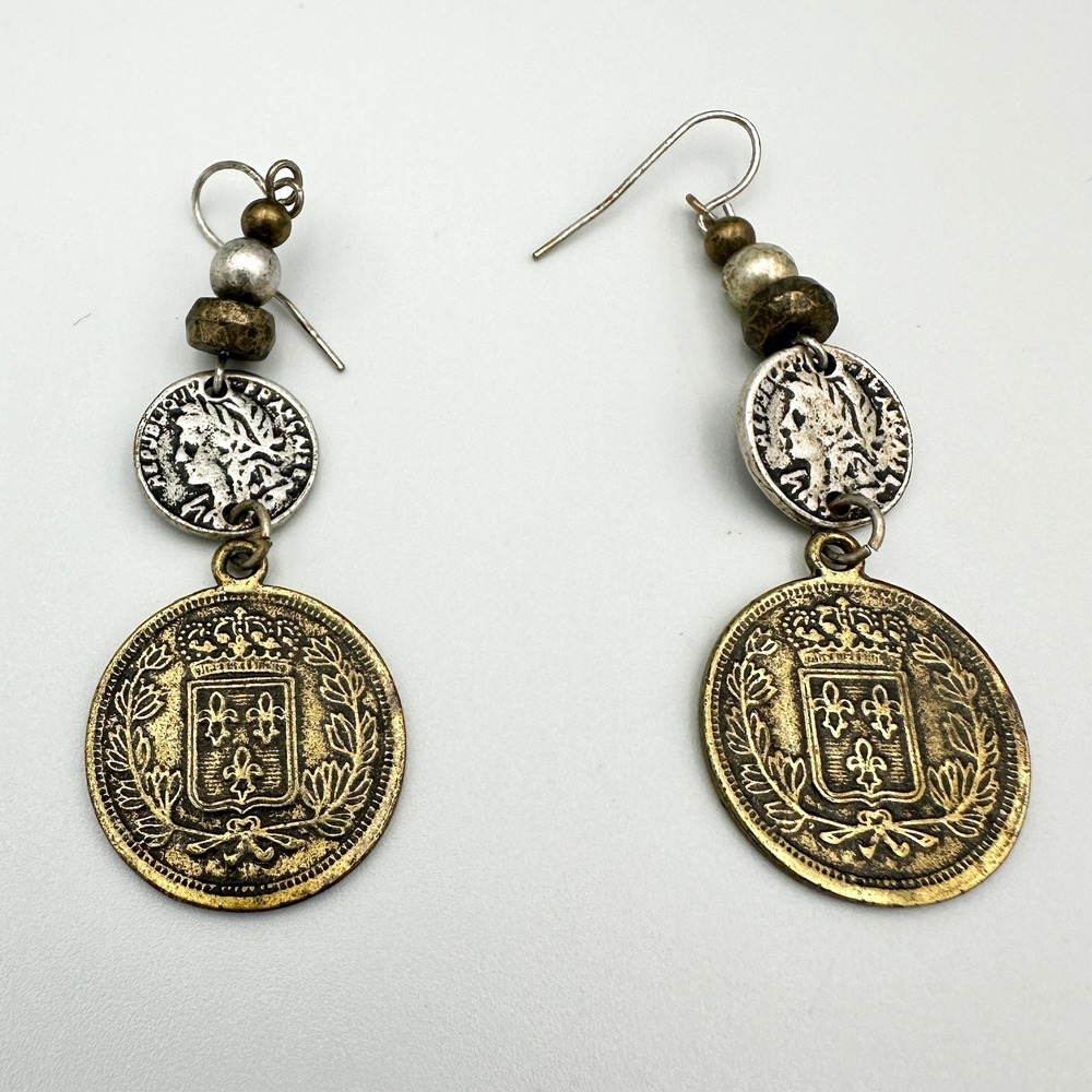 Vintage Style French Coin Drop Earrings Mixed Metal Boho Dangle Republique Franc - Picture 2 of 5